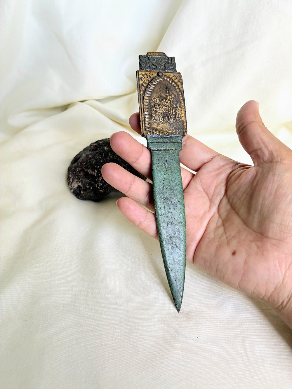 Vtg Nordia Israel Bronze Letter Opener with Hidden Pictures Compartment Judaica